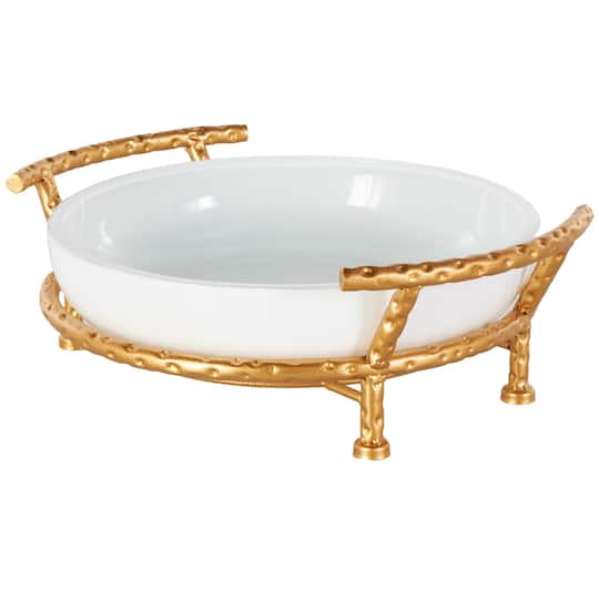 14.5" White Tempered Glass Kitchen Serving Bowl with Gold Metal Stand